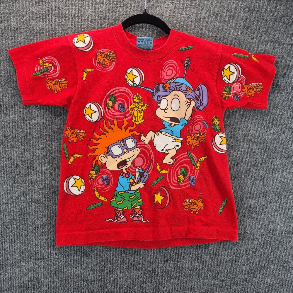 Rugrats T-Shirt Vintage 1996 All Over Print M Red Kids